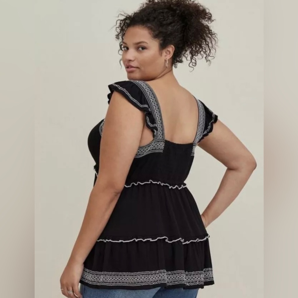 Torrid Womens NWT Black Babydoll Crinkle Gauze Embroidered Tiered Top Blouse 6x